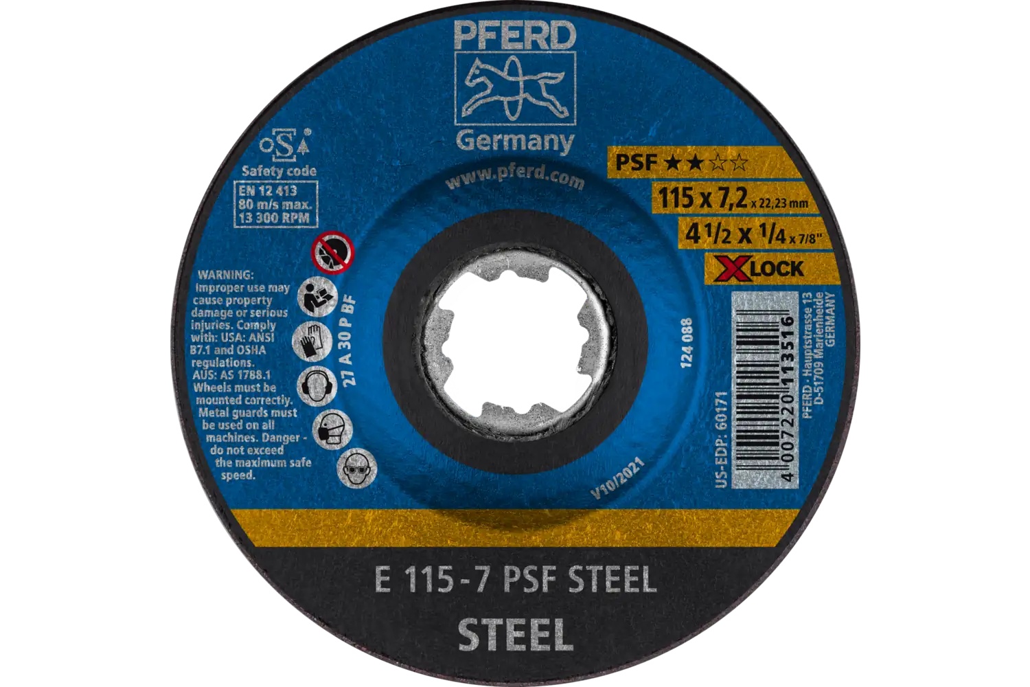 Picture of Pferd Grinding Wheel, 4-1/2" X 1/4, X-Lock, Psf Steel, T27, Aluminum Oxide
